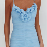 Nadia Ruffle Neckline Ruched Midi Dress Blue