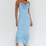 Nadia Ruffle Neckline Ruched Midi Dress Blue