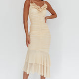 Nadia Ruffle Neckline Ruched Midi Dress Butter