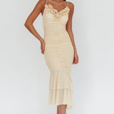 Nadia Ruffle Neckline Ruched Midi Dress Butter
