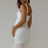 Nadia Tulle Hem Ruched Maxi Dress White