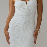 Nadia Tulle Hem Ruched Maxi Dress White