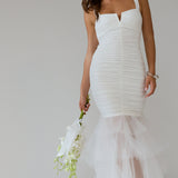 Nadia Tulle Hem Ruched Maxi Dress White