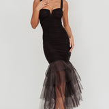 Nadia Tulle Hem Ruched Maxi Dress Black