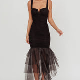 Nadia Tulle Hem Ruched Maxi Dress Black
