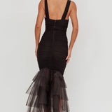 Nadia Tulle Hem Ruched Maxi Dress Black