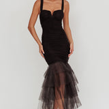 Nadia Tulle Hem Ruched Maxi Dress Black