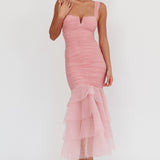Nadia Tulle Hem Ruched Maxi Dress Pink