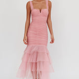 Nadia Tulle Hem Ruched Maxi Dress Pink
