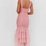 Nadia Tulle Hem Ruched Maxi Dress Pink