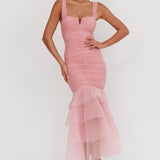 Nadia Tulle Hem Ruched Maxi Dress Pink