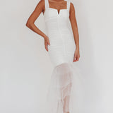 Nadia Tulle Hem Ruched Maxi Dress White