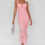 Nadia Ruched Fishtail Maxi Dress Blush