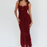 Nadia Ruched Fishtail Maxi Dress Dark Mauve