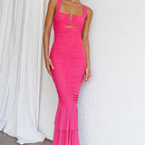 Nadia Ruched Fishtail Maxi Dress Hot Pink