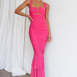 Nadia Ruched Fishtail Maxi Dress Hot Pink