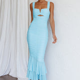 Nadia Ruched Fishtail Maxi Dress Light Blue