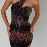 Shooting Stars One-Shoulder Sequin Dress Black