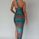 Shooting Stars One-Shoulder Sequin Dress Green