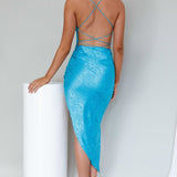 Annya Lace-Up Back Midi Dress Jacquard Aqua
