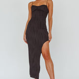 Silver Screen Queen Thigh Split Maxi Dress Stripe Black