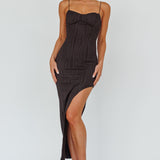 Silver Screen Queen Thigh Split Maxi Dress Stripe Black