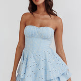 Paris Muse Gathered Bust Embroidered Romper Blue