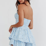 Paris Muse Gathered Bust Embroidered Romper Blue