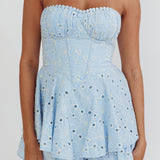 Paris Muse Gathered Bust Embroidered Romper Blue