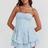 Paris Muse Gathered Bust Embroidered Romper Blue