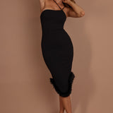 Cloudland Fur Hem Midi Dress Black