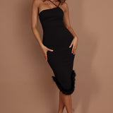 Cloudland Fur Hem Midi Dress Black