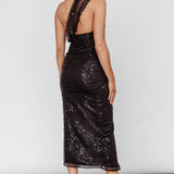 Doniella One-Shoulder Split Sequin Maxi Dress Black