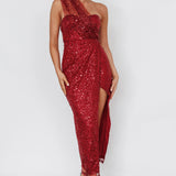 Doniella One-Shoulder Split Sequin Maxi Dress Wine