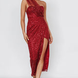 Doniella One-Shoulder Split Sequin Maxi Dress Wine