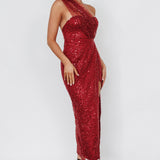 Doniella One-Shoulder Split Sequin Maxi Dress Wine