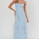 Nerida Twist Back Frill Trim Mesh Maxi Dress Steel Blue