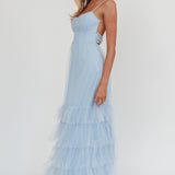 Nerida Twist Back Frill Trim Mesh Maxi Dress Steel Blue
