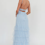 Nerida Twist Back Frill Trim Mesh Maxi Dress Steel Blue