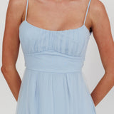 Nerida Twist Back Frill Trim Mesh Maxi Dress Steel Blue