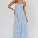 Nerida Twist Back Frill Trim Mesh Maxi Dress Steel Blue