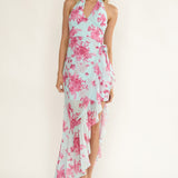Nerida Waist Tie Asymmetric Dress Floral Ice Blue