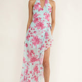 Nerida Waist Tie Asymmetric Dress Floral Ice Blue