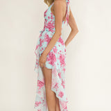 Nerida Waist Tie Asymmetric Dress Floral Ice Blue