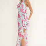 Nerida Waist Tie Asymmetric Dress Floral Ice Blue
