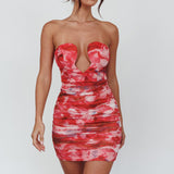 Ember Diamond Neckline Mini Dress Print Red