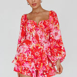 Evanice Shirred Waist Romper Floral Red