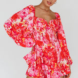 Evanice Shirred Waist Romper Floral Red