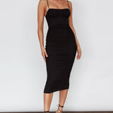 Malibu Sun Ruched Midi Dress Barbie Black