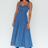 Ellora Criss-Cross Back Denim Maxi Dress Navy